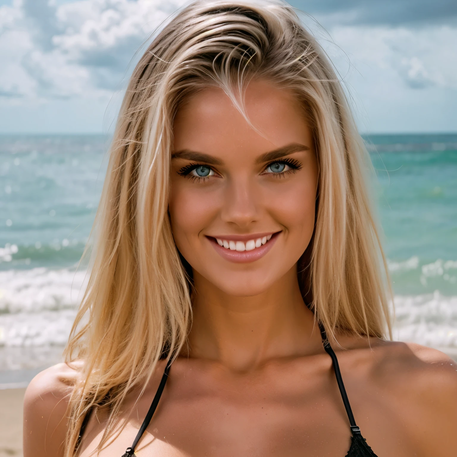 swap face summer storm black lingerie beautiful blonde beach background