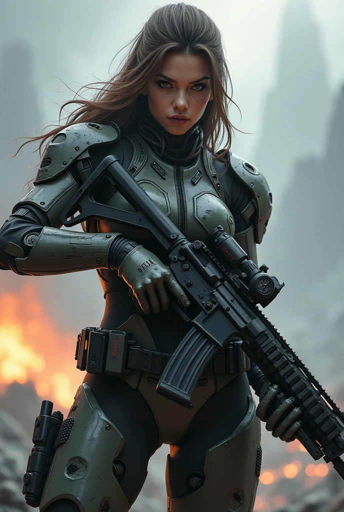 gearstorm girl (Lieutenant, Sarah Kerrigan, beautiful face) with rifle aiming at viewer with cloudy sky in background, concept art inspired by Marek Okon, cgsociety contest winner, fantasy art, of a sniper girl in war, high quality digital concept art, mechanized soldier girl, epic sci - fi character art, epic sci-fi character art, infantry girl, fps game concept art, detailed game art illustration