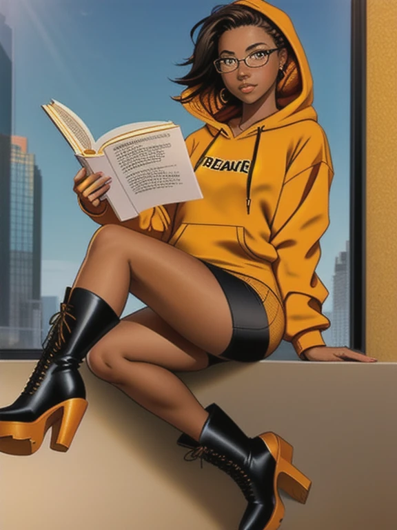 Masterpiece, 1girl, solo, 20 year old college student, she has tan-bronze skin with some freckles, short black hair with orange streaks, amber colored eyes, (she's wearing a yellow hoodie, tight black pencil skirt, reading glasses, heeled boots)
