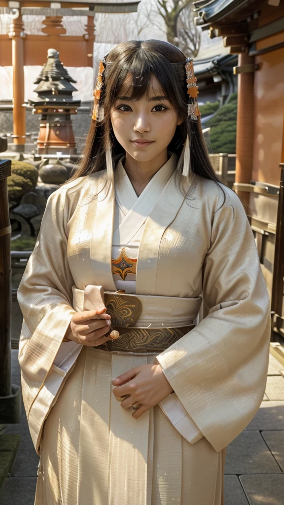 (Highest quality、masterpiece:1.2)、Highest quality、Realistic、photograph、High resolution、1080P、8k、Textured skin、Physical Rendering、1. Japanese women、30generation、clear、Sexy face、Roll Hair、(Japan shrine priestess costume:1.5 )、A cedar forest bathed in sunlight、smile、big