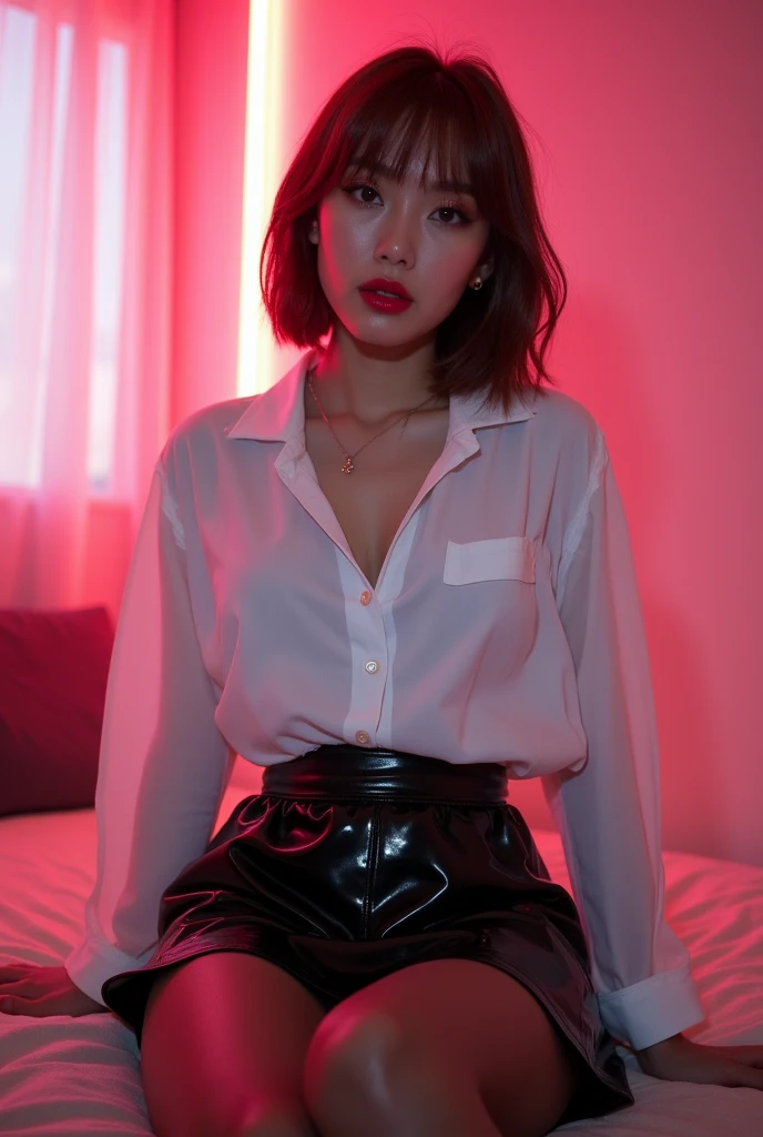 ((Taiwanese Idol)) 35 talents ((Plump, bright red lips with lipstick)) round face Heavy makeup Big Breasts Plump Brown hair short hair ((Looking into the camera)) Sit with your legs apart ((White button-up shirt with black patent leather tight skirt and black stockings)) Skin and chest drenched in sweat (Sit on the futon with your legs spread open.) look down ((A bedroom with shoji and tatami mats lit up in pink neon lights)) Shooting from a camera angle seen from the floor