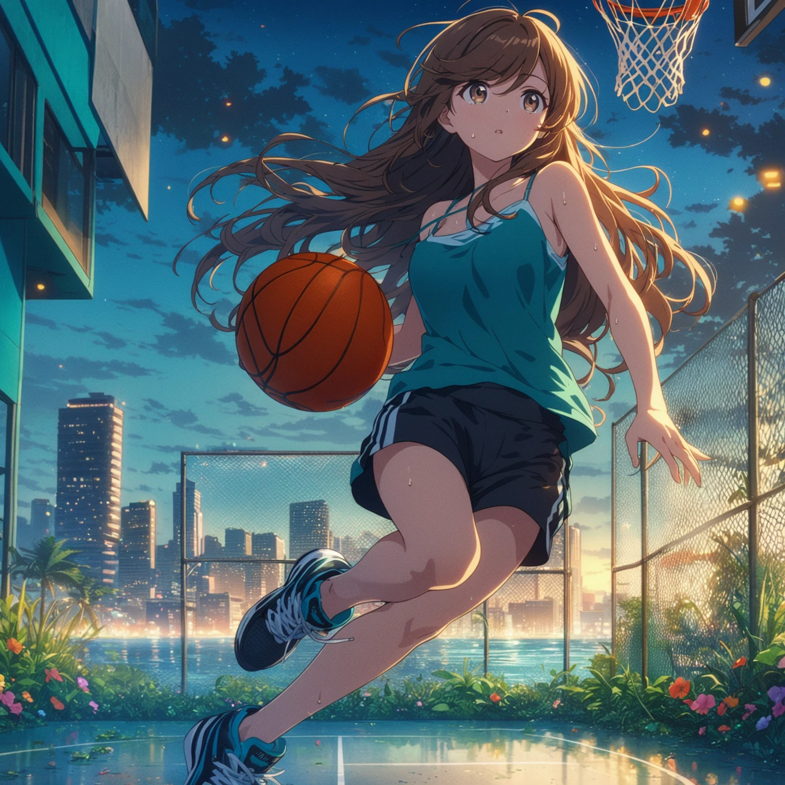 Best quality, masterpiece, from side, looking up, she dribbles basketball, basketball court, very long hair, brown hair, (((swept bangs))), brown eyes, spaghetti strap teal shirt, black shorts, sneakers, anime cartoon, tropical plants, outdoors, teal building, river, fencing, city buildings in distance, colorful flowers, weeds, trees, palm tree, people in background, sweat, night,