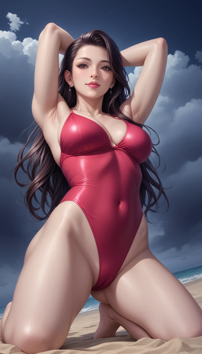 score_9, score_8_superior, score_7_superior, High-resolution CG illustration,A masterpiece in 32K resolution,Highest quality,it is really amazing,Very detailed,Ultra-high resolution,Ultra-realistic,Realistic,Increased depth of field,Cinematic lighting,
Sexy mature Japan woman,
Straight long hair with black hair,Ultra-detailed and beautiful face,Calm and gentle look,Beautiful brown eyes,Translucent white skin,Realistic skin texture,Great proportions,
Elegant red swimsuit,
Simple design,Chic color scheme based on red,Detailed fabric texture,
(Dark overcast sky on a dull night:1.1),(Dark clouds filling the sky:1.1),Thundercloud,Coastline at night,Stormy seas,delay々A desolate sandy beach that continues,
Stretching on the beach, kneeling.,Low - Angle,