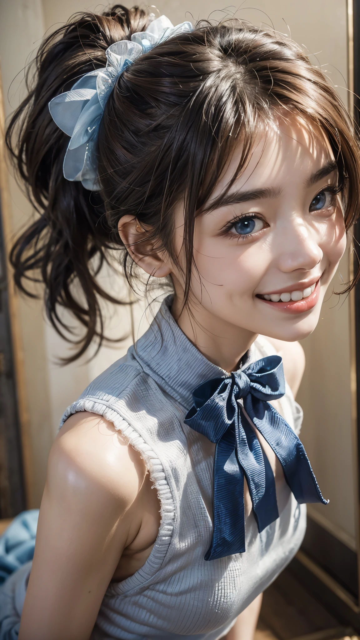 Highest quality, masterpiece, Ultra-high resolution,8k,((Toothy smile portrait:1.4)), (Realistic:1.6), ((Blue Eye)),((A radiant smile)), RAW Photos,((Korean drama appearances)),((Soft looking breasts)),((Full body photo)),1 person,Slim 22 year old adult female,(Full of smiles, )) ,((Ponytail and hair tie)),((Ribbon in hair)),((Looking up at the audience)),Face Focus:1.4,((Photographed from above with a fisheye lens:1.15)),