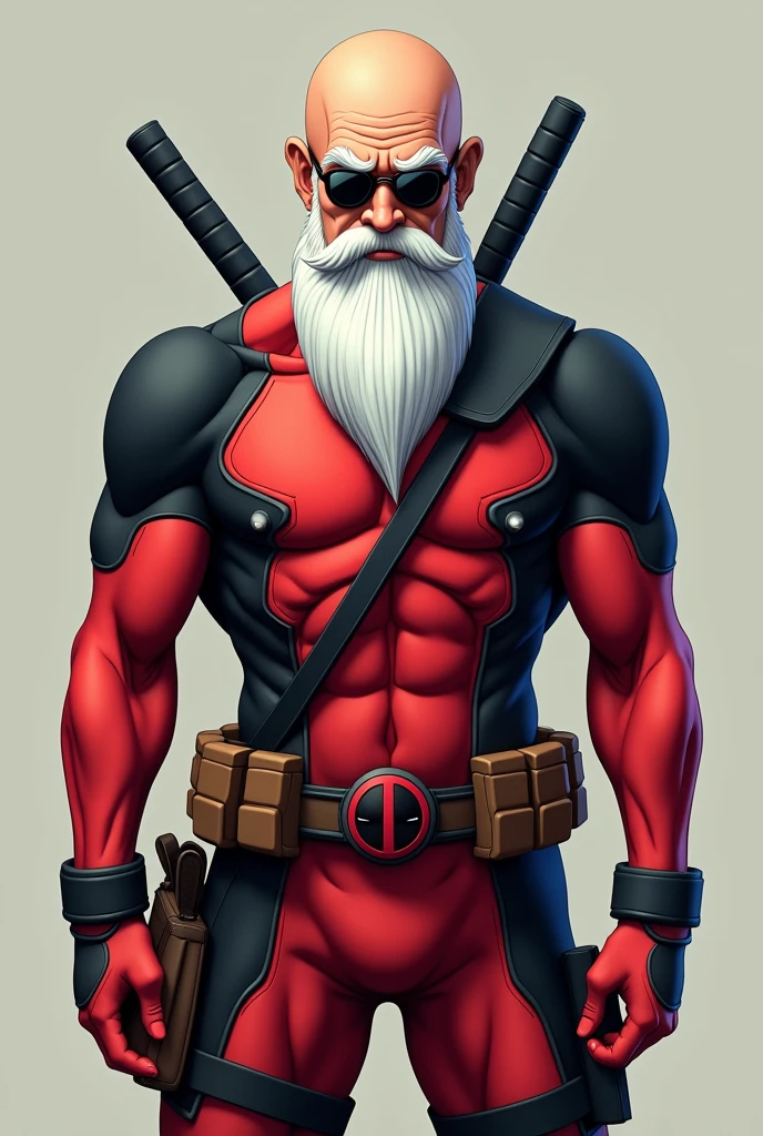 Create an image of Master Roshi wearing Deadpool's suit, body-fitting but without the mask.
