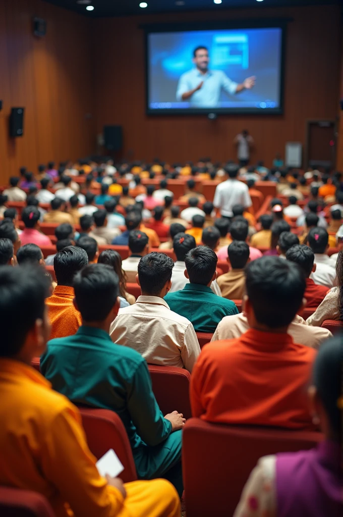 make a photo of a group of 23 Indian people, men and women (In salwar kurtas) sitting in an auditorium for seminar presentation. Add a background of 2 male teachers presenting about technology in audio visual Television.