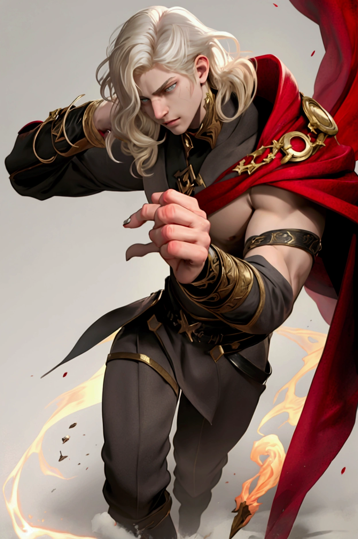 A 19-year-old boy, arcane sorcerer doctor of chaotic magic. In attack position. His body is pale white, light gray eyes, short wavy blonde hair, muscular and tall and robust and toned. With scarlet energy enveloping and emanating from his hands.