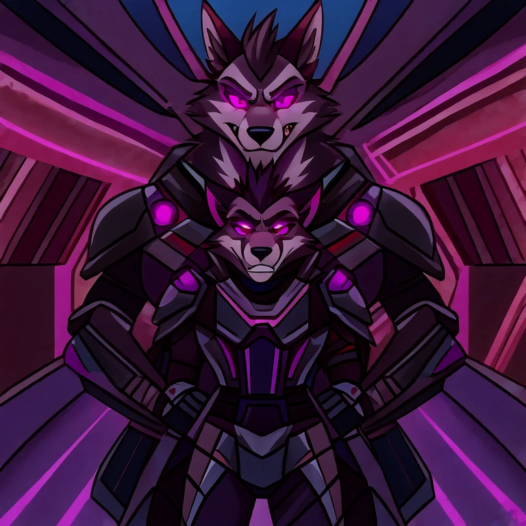 (masterpiece, best quality:1.2), group of Vortex male hellhounds, a couple of male bodyguards, wolves, furry, helluva boss, hypnotized with glowing purple eyes, angry serious face, wearing futuristic armor, using a Pulse Rifle, Energy Rifle, Futuristic assault rifle, futuristic laboratory building background