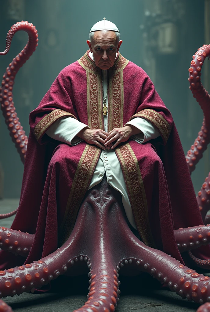 Pope Francis I dressed in purple and scarlet like a prostitute of the apocalypse, seated atop a Squid.