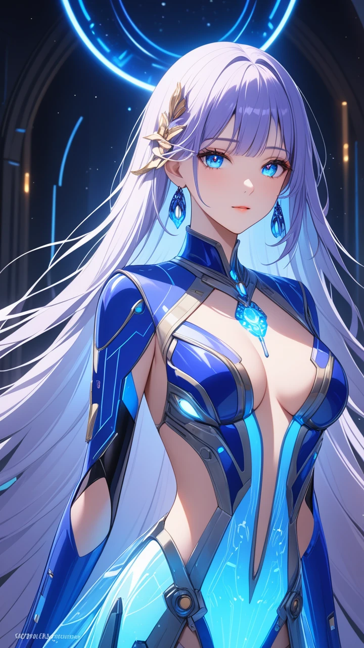 8K, Ultra HD, Masterpiece, 1 girl, exquisite face:1.5), very long hair, strait hair, detailed eyes, ultimate details, wearing transparent science fiction clothes, blue clothes, (glowing clothes:1.4), amazing magnificence, LED Internal lighting, glowing iris, glowing iris,