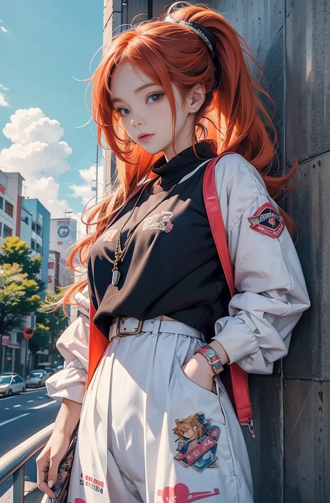 very colorful, pop feel, summer image, Beautiful woman with orange hair ponytail, very beautiful detailed eyes, beautiful and delicate eyes, Around 25 years old, sea view, wearing a jacket, stylish belt, perfect tall model body,Mysterious, cool beauty, west coast, sparkling summer memories, Anime drawing by Yang J, Trending at Art station, realism, extremely detailed germ of art, Realistic anime 3D style, anime style 4 k, up to the model | germ of art, anime style. 8K, casual clothes, realistic anime art style, style germ of art, sharp outline, highest quality, perfect angle, perfect composition, The perfect subject, best shot, official art，CD jacket, 80s city pop, Snazzy, very stylish