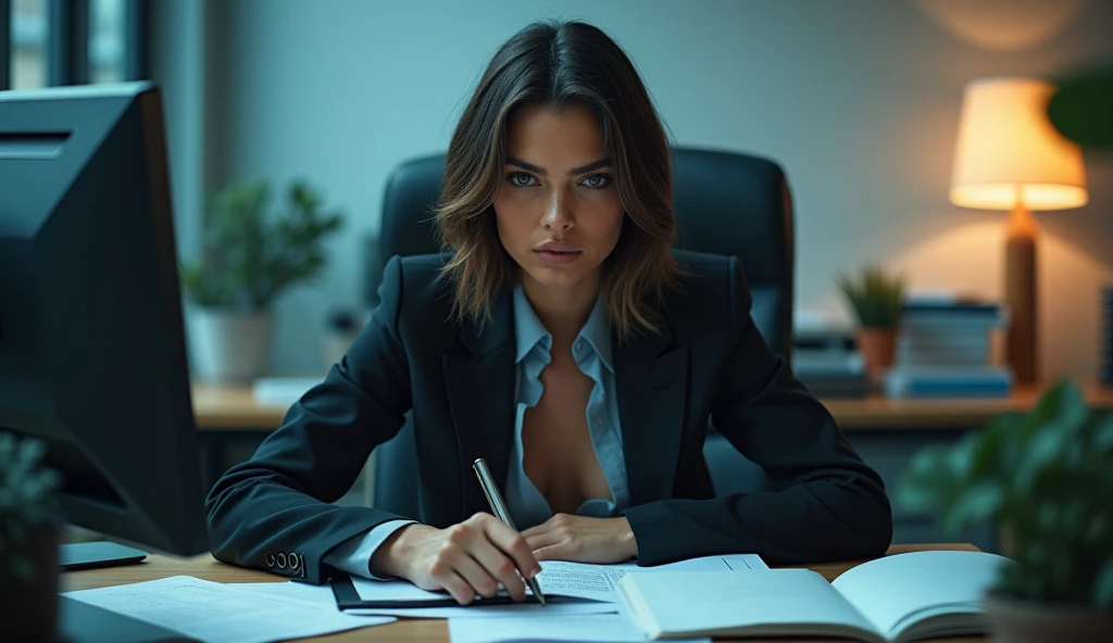 portrait of Gigi Hadid, glooming, sitting at a desk with a computer and many documents on it, professional image, professional picture, high quality portrait, photo portrait, an epic non - binary model, professional portrait, photo still, color portrait, creative coder with a computer, cinematic lens , photography , looking at viewer ,