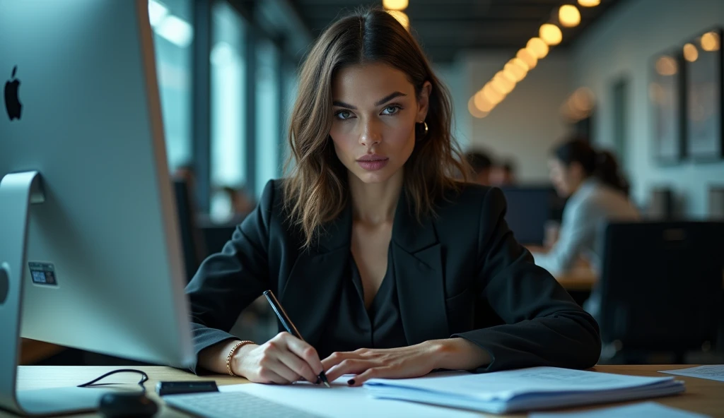 portrait of Gigi Hadid, glooming, sitting at a desk with a computer and many documents on it, professional image, professional picture, high quality portrait, photo portrait, an epic non - binary model, professional portrait, photo still, color portrait, creative coder with a computer, cinematic lens , photography , looking at viewer ,