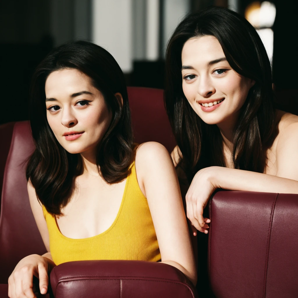 Upper body, Realistic photograph of a beautiful gorgeous young cute Asian woman, 22yo., detailed face, Realistic texture human skin, very beauty long and slender bright glowing face, curved eyebrows, droopy hooded eyes, wavy nose, bright smiling, full wide lips, studio portrait, (((young Marion Cotillard blended face mixed with young Anne Hathaway))), dressed vibrant yellow sleeveless crop top, sits elegantly burgundy chair, Leica SL3, Summicron-SL 75mm ASPH, F/1.8, (cinematic still:1.2), Film Never Die Kiro 400 film, bokeh, rim lighting, silhouette, shallowed depth of field,