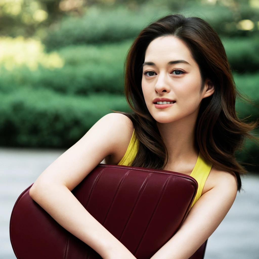 Upper body, Realistic photograph of a beautiful gorgeous young cute Asian woman, 22yo., detailed face, Realistic texture human skin, very beauty long and slender bright glowing face, curved eyebrows, droopy hooded eyes, wavy nose, bright smiling, full wide lips, studio portrait, (((young Marion Cotillard blended face mixed with young Anne Hathaway))), dressed vibrant yellow sleeveless crop top, sits elegantly burgundy chair, Leica SL3, Summicron-SL 75mm ASPH, F/1.8, (cinematic still:1.2), Film Never Die Kiro 400 film, bokeh, rim lighting, silhouette, shallowed depth of field,
