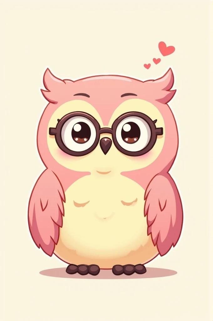 Owl thinker, a little yellow tone, mostly pink, cute anime style, want a design style like the game Genshin, designed to be easy for students to understand, wears round glasses.