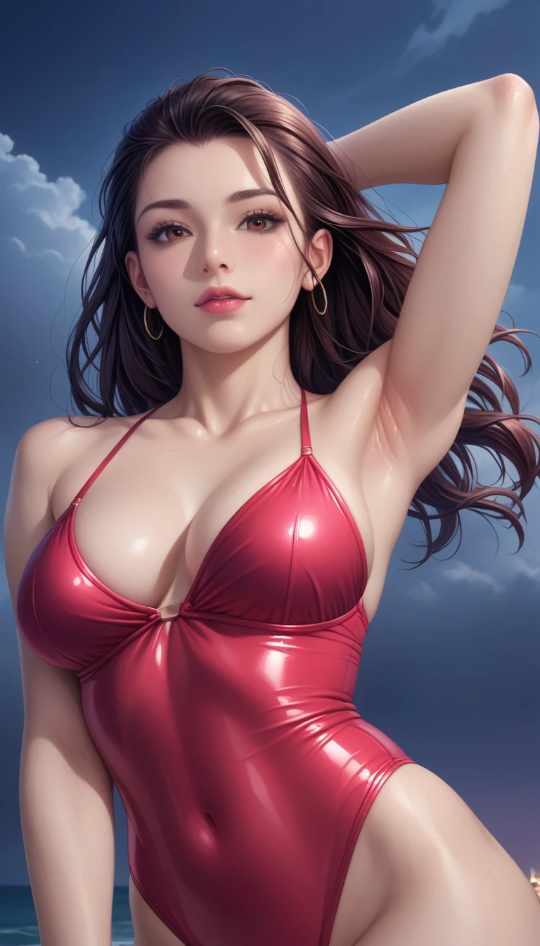 score_9, score_8_superior, score_7_superior, High-resolution CG illustration,A masterpiece in 32K resolution,Highest quality,it is really amazing,Very detailed,Ultra-high resolution,Ultra-realistic,Realistic,Increased depth of field,Cinematic lighting,
Sexy mature Japan woman,
Straight long hair with black hair,Ultra-detailed and beautiful face,Calm and gentle look,Beautiful brown eyes,Translucent white skin,Realistic skin texture,Great proportions,
Elegant red swimsuit,
Simple design,Chic color scheme based on red,Detailed fabric texture,
(Dark overcast sky on a dull night:1.1),(Dark clouds filling the sky:1.1),Thundercloud,Coastline at night,Stormy seas,delay々A desolate sandy beach that continues,
Stretching on the sandy beach,Low - Angle,