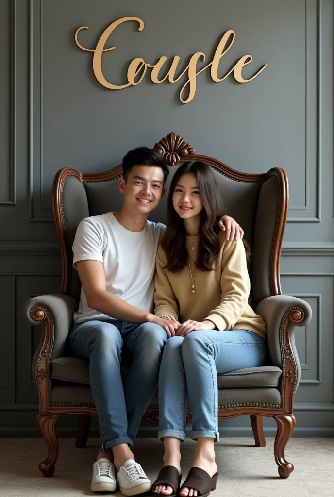 Text 👇
Create realistic Image A 22 year old boy and girl is sitting on a king chair with white wings and behind him the color of the wall is gray on which Boy Girl name "" is written in curve style"