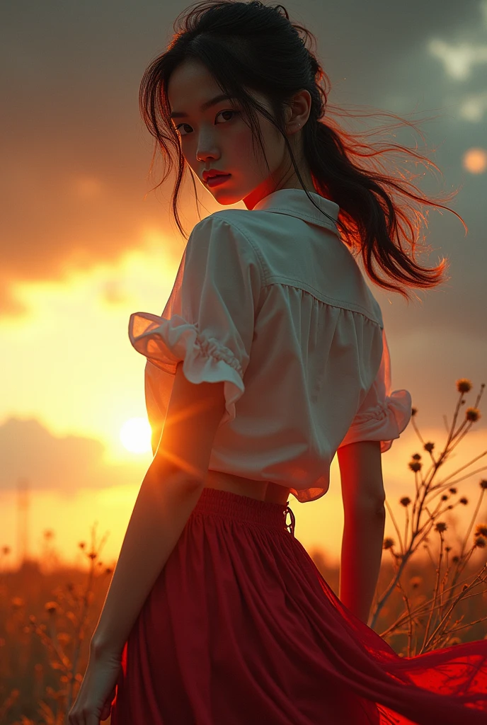 (top-quality、8k、masterpiece、UHD)、1girl in,Very beautiful 16 year old Japan woman、beautidful eyes、Bloodthirsty look、dark sky、the wind、Basking in the morning sun、Model body type、Show off your ass、Looks Back、Crimson fibers、 The shirt、Twisting the skirt、Dragon scales、thighs thighs thighs thighs、Looking at the camera、Focus on the eyes、bladerunner