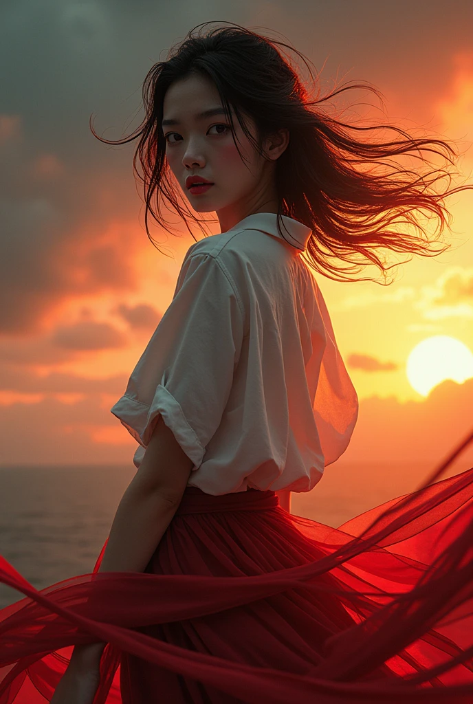 (top-quality、8k、masterpiece、UHD)、1girl in,Very beautiful Japan woman、beautidful eyes、Bloodthirsty look、dark sky、the wind、Basking in the morning sun、Model body type、Show off your ass、Looks B、Crimson fibers、 The shirt、Twisting the skirt、Dragon scales、thighs thighs thighs thighs、Looking at the camera、Focus on the eyes、bladerunner