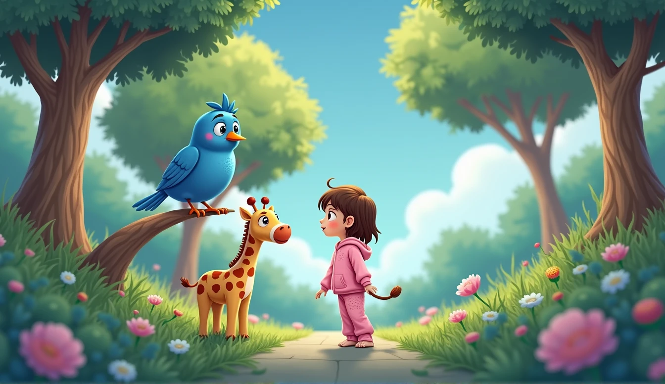 Blue cartoon bird sitting on a branch, next to them sits a little cartoon girl in pink pajamas, looking at them is a plush giraffe toy