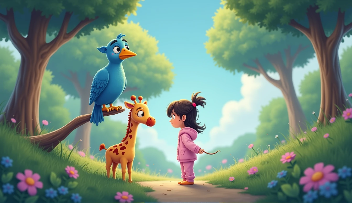 Blue cartoon bird sitting on a branch, next to them sits a little cartoon girl in pink pajamas, looking at them is a plush giraffe toy