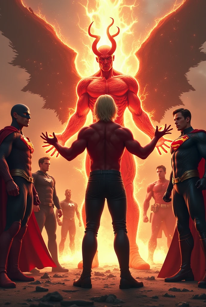 Make the Justice League and the Avengers and a blonde man with medium-length hair wearing black pants and black boots, with demonic tattoos on his red body, controlling the energy in the environment.