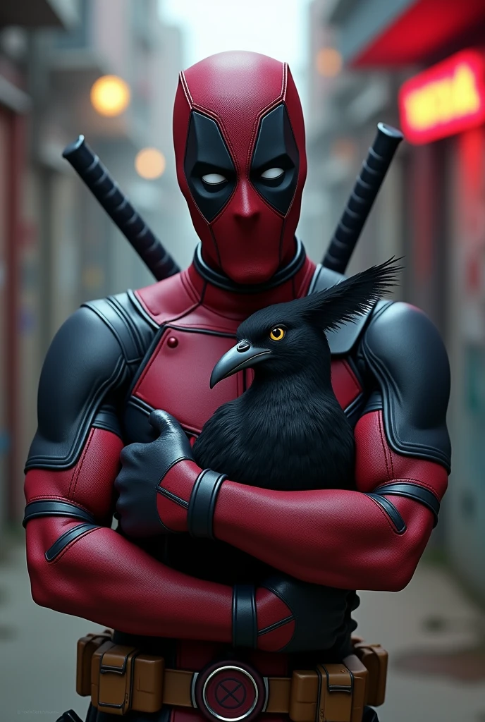 Deadpool hugging a black zanate bird.
