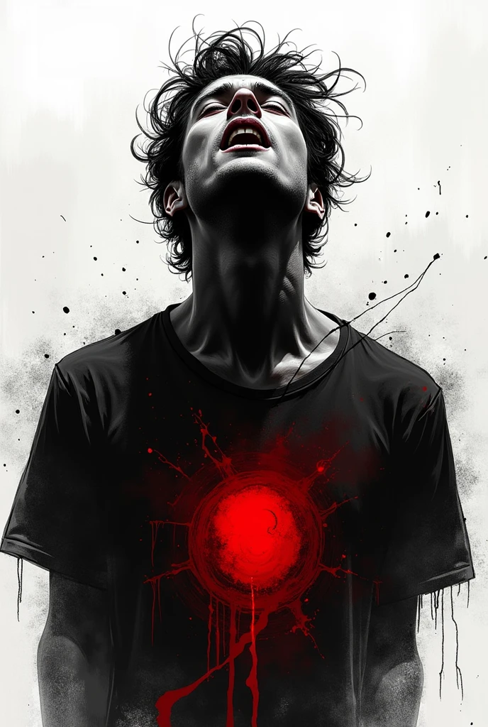Do you want a drawing with black and white scribbles with a crimson red representing a man with resentment and anger in his chest?