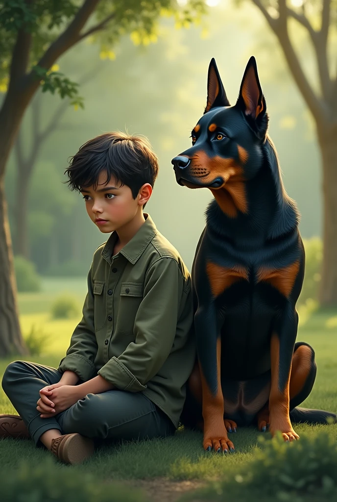 The same image but without the book, but add a rottweiler next to the boy