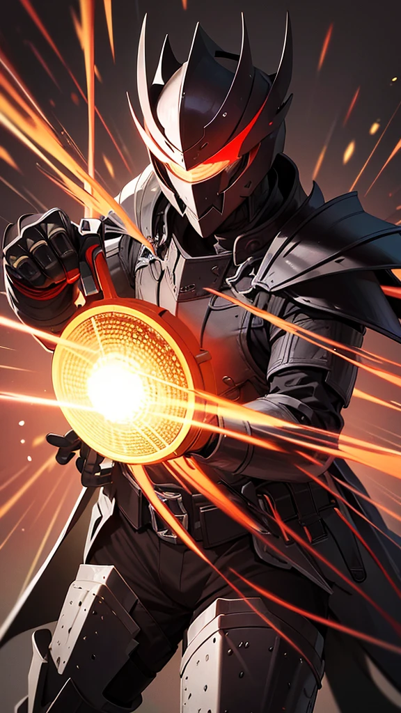 A hunter in black armor with bright fluorescent red details., and he wears a gladiator helmet 