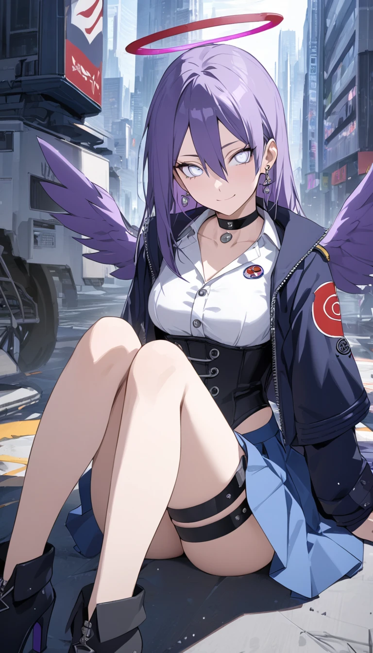(masterpiece), Best Quality, expressive eyes, perfect face, 1 girl, Alone, Hinata Huyga (Naruto), white eyes, hair between the eyes, by the wide, white eyes, purple hair, ankle Boots, archery glove, insignia, bare legs, black choker, black corset, black shoes, black gloves, blue jacket, blue Skirt, Boots, button Insignia, buttons, choker, clavicle, corset, earrings, flower ornament, gloves, high heel Boots, High heels, jacket, jewelry, long sleeves, miniSkirt, partially fingerless gloves, pleated Skirt, shirt, single earring, unique glove, Skirt, thigh strap, tied jacket, under bust, white shirt, smiling, city, bottom, futuristic city, sitting on the floor, knees up, Upper part of the body, portrait, looking at the viewer, purple angel wings on the back, halo on head