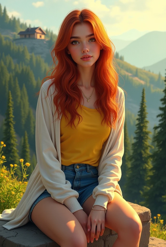 A portrait of a 17-year-old Persian girl with long, straight red hair wearing a yellow shirt, short jeans, and a white cardigan.,sitting on a chair on the edge of a beautiful mountain surrounded by green trees in the morning atmosphere near a simple house in the light of the bright morning sun,standing facing the camera