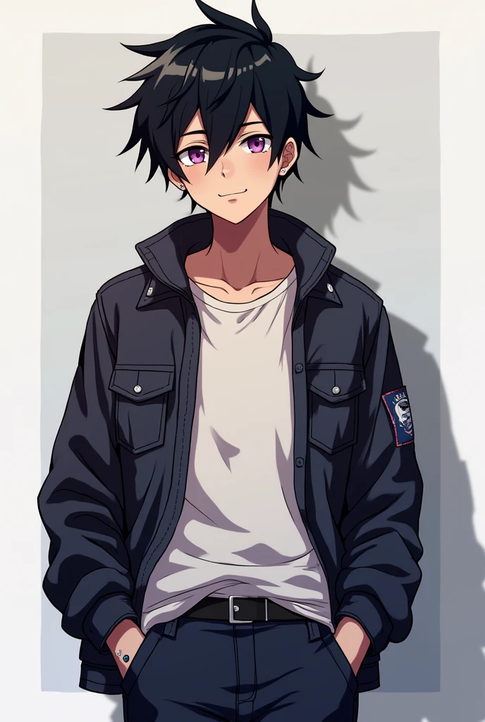 A age anime boy who's 5'8 and has a darkish tan with black hair and purple eyes wearing pants,a t-shirt and a jacket with two right ear piercing an a left ear piercing