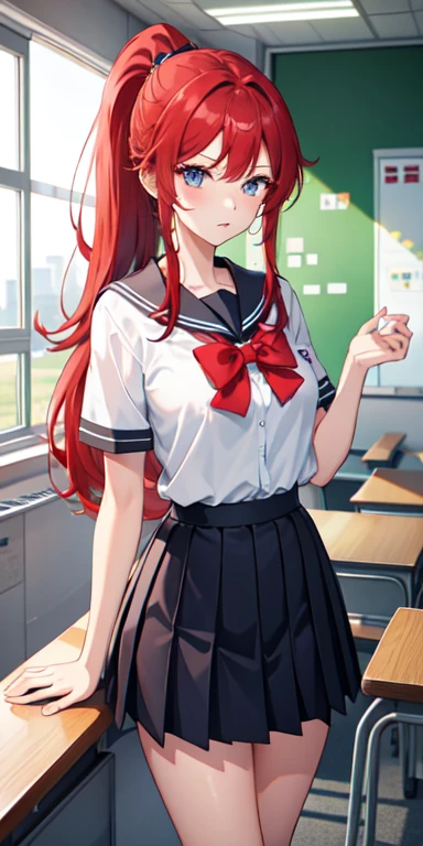 1girl, korean highschool uniform, red hair, hime cut, ponytail, blue eyes, skirt, in classroom, frown