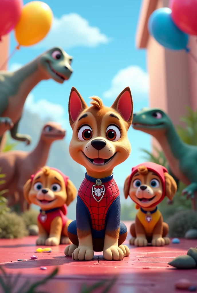 A party panel in the Spiderman theme, with Paw Patrol dogs dressed in Spiderman costumes, The dinosaurs in the background watching