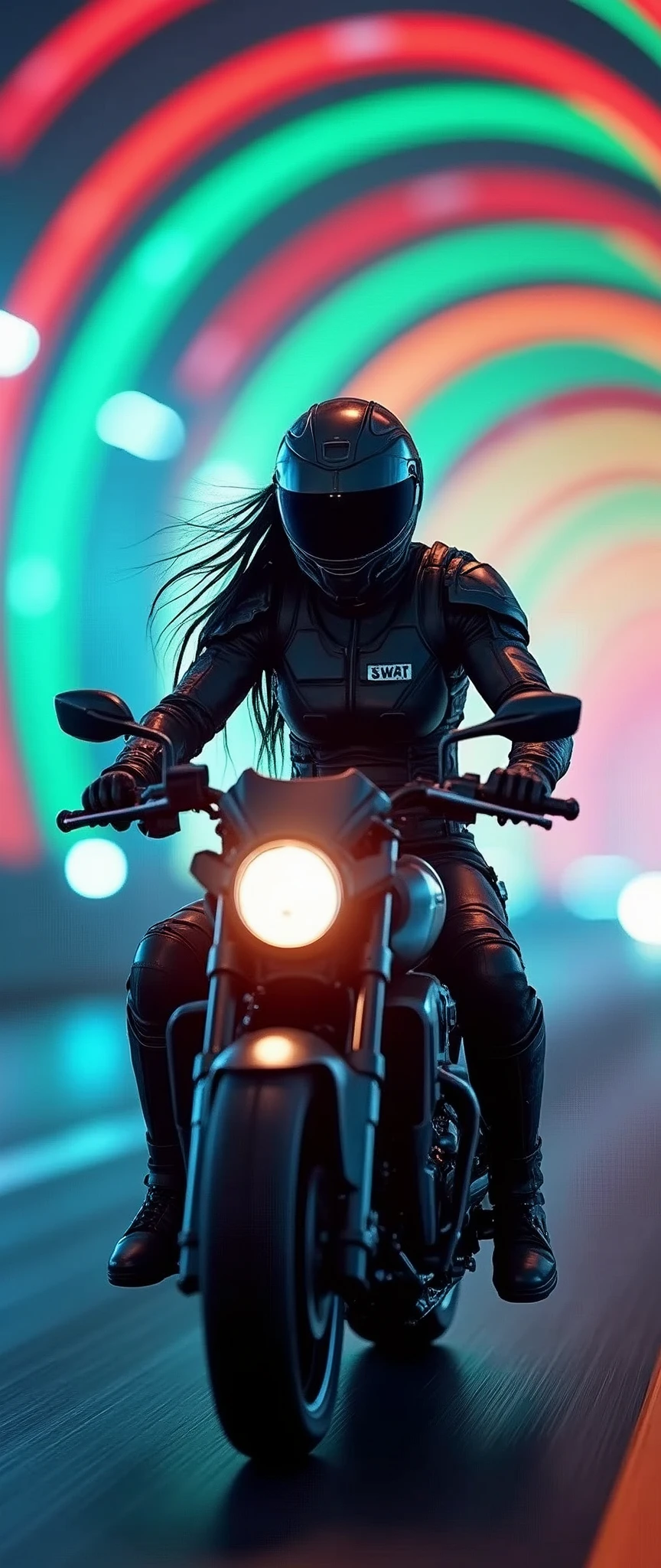(masterpiece:1.2,Highest quality,Ultra-high resolution,Very detailed,Realistic,RAW Photos:1.2,Elaborate photos),8k,wallpaper,(Ray Tracing),(Future City:2.0),sf,cyber punk,(A beautiful woman driving a futuristic, heavy armored SWAT mecha motorcycle.:2.0),(Beautiful Face),(A woman wearing a SWAT team's tactical mech bodysuit:2.0),(A dynamic angle from the front),night,(Rainbow-colored guiding lights:2.0),(The aircraft hurtled through the tunnel's curve at breakneck speed.:2.0),(Tunnel of Light:2.0),(Motion Blur),(Depicting the lean of a motorcycle going around a curve:2.0)