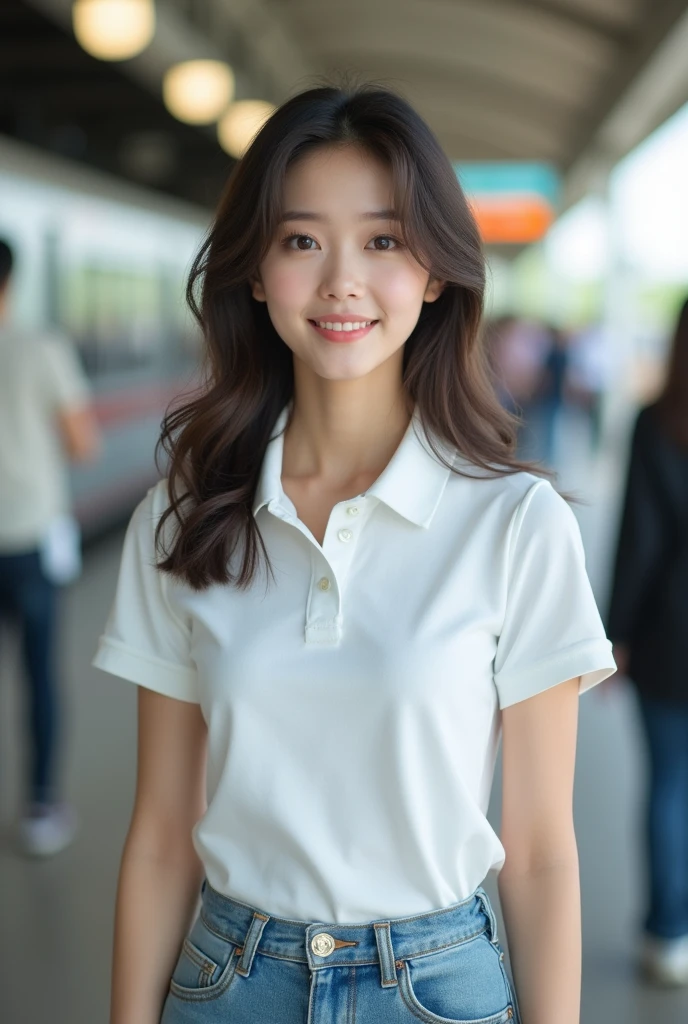 realistic full body photos of (1 cute Korean star) flipped hair, thin makeup, medium breasts size, white polo shirt and short jean, at the train station, clear facial features of Canon EOS, 16k, high resolution, sharp and realistic details,  overexposure, cut-in, UHD, highres, best quality
