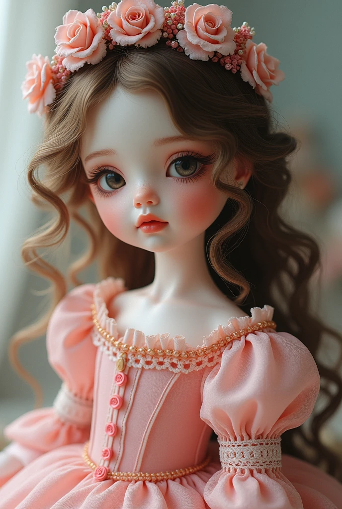 A doll with loose brown hair, wearing a pink princess dress, with slightly slanted eyes, thick lips