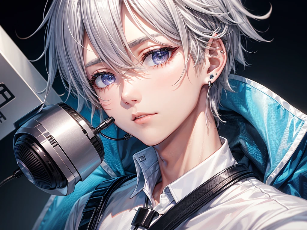 Silver Hair Short、Man with slanted eyes、YouTuber、microphone、White Shirt、headphone、Earrings、