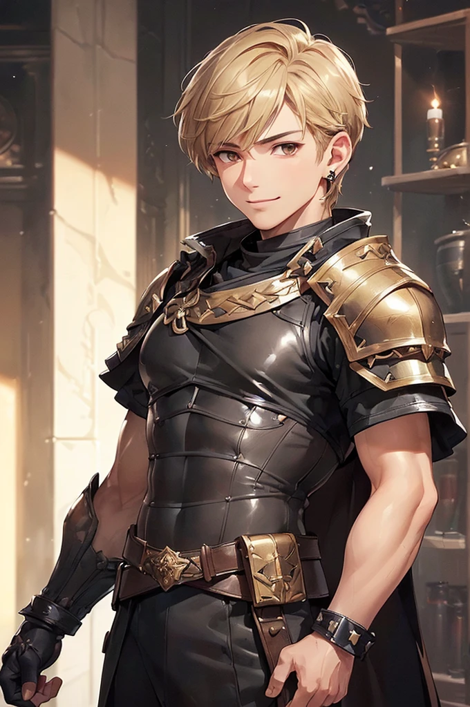 (((masterpiece; best quality: 1.2))), (detailed eyes: 1.3), ((ung man)), ((solo)), (brown eyes: 1.4), (body shape; lean, masculine, manly face: 1.3), (short blond hair: 1.3), (clear background: 1.2), ((depth of field)), (equipment: masculine adventurer garb + light leather armor + black tunic + black stud earring: 1.3), (anime illustration: 1.2), (background composition; fantasy tavern interior + furniture: 1.1), (handsome: 1.1), (shot composition; standing + centered on face + bust close-up: 1.5), (facial expression; calm + smile: 1.2)