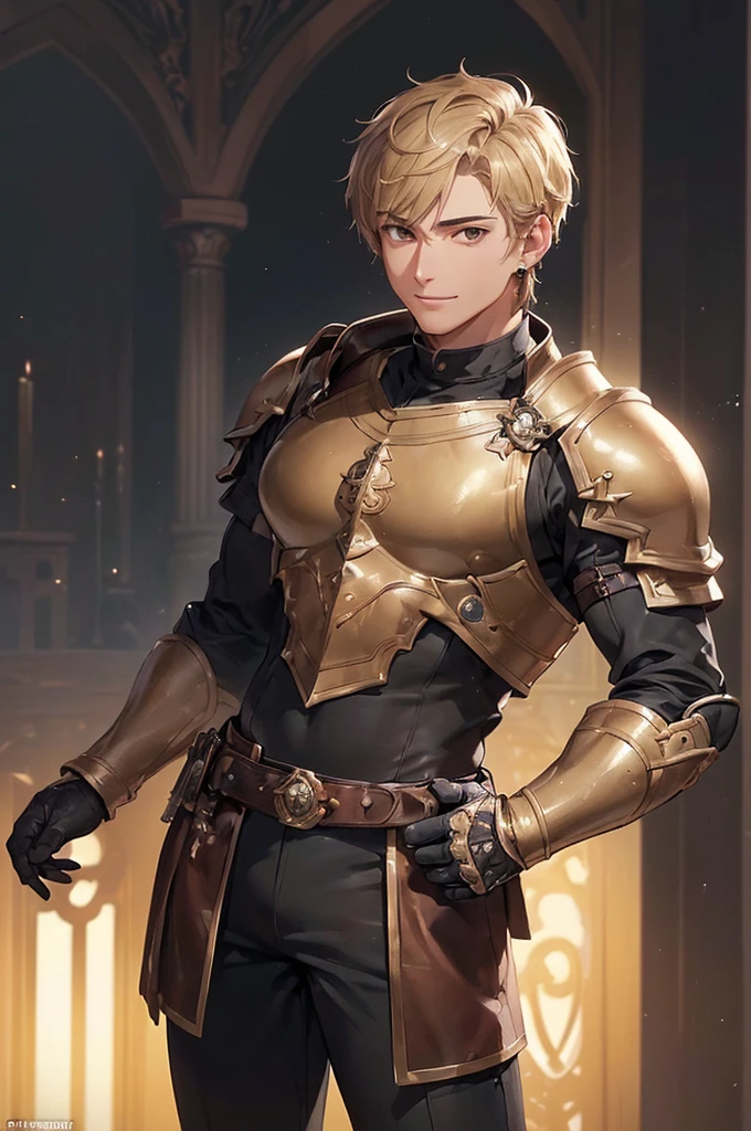 (((masterpiece; best quality: 1.2))), (detailed eyes: 1.3), ((1 young man)), ((solo)), (brown eyes: 1.4), (body shape; lean, masculine, manly face: 1.3), (short blond hair: 1.3), (clear background: 1.2), ((depth of field)), (equipment: masculine adventurer garb + light leather armor + black tunic + black stud earring: 1.3), (anime illustration: 1.2), (background composition; fantasy tavern interior + furniture: 1.1), (handsome: 1.1), (shot composition; standing + centered on face + bust close-up: 1.5), (facial expression; calm + smile: 1.2)