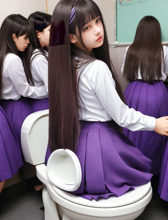 super large crowd、Super long straight hair- color- Purple、Beautiful - Girls - High school students、Big – Butt、very Long-skirt-dress-black、School - Uniform- Purple、School - small private room -Toilet - Toilet seat - Sit、melancholy、Crammed into one private room、feel ill、tangled、very painful、It's packed to the fullest