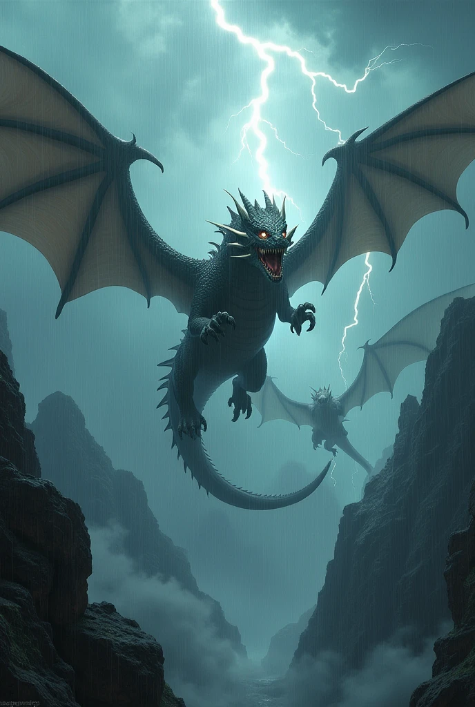 Dragons flying ancient, cinematic, dark, powerfull dragon, over a mountain, intricated, Thunder, rainstorm