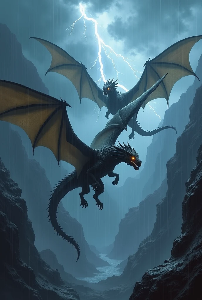 Dragons flying ancient, cinematic, dark, powerfull dragon, over a mountain, intricated, Thunder, rainstorm