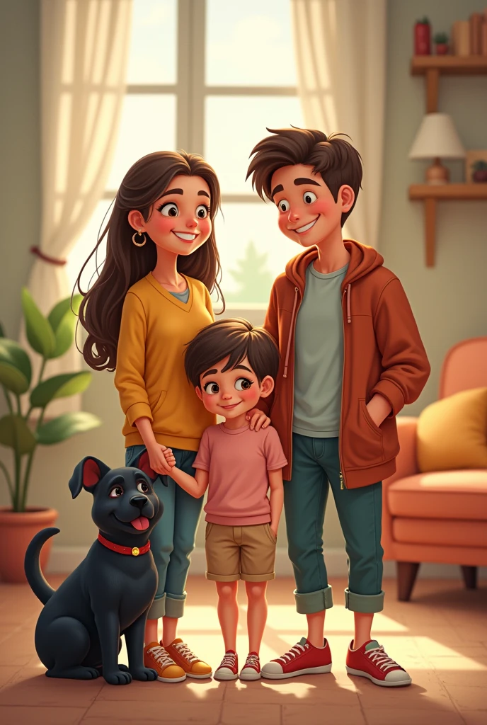 Happy family with an older sister, middle sister, younger brother and a little black dog
