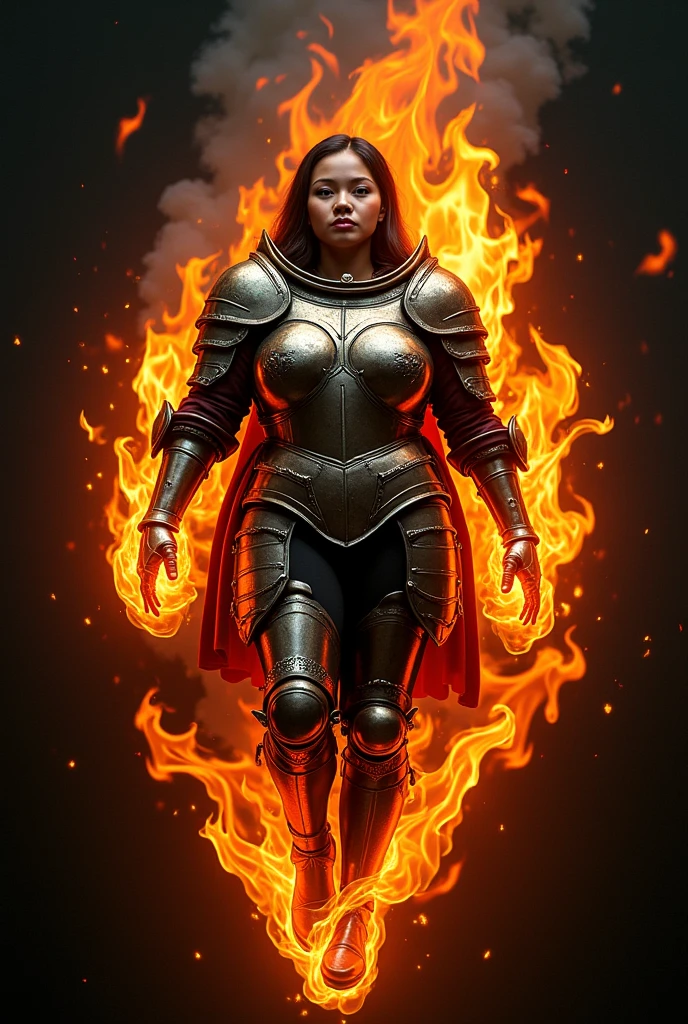 alcohol ink, 8k, uhd, photo, vibrant, portrait photography, hyper realistic liquid effect, concept art, masterpiece, a perfect of photorealistic young curvy Malay plump woman wearing full knight armor clotch, she pose with lots of hyper realistic flames burning her bodies, burning flames waving long hair, floating in the air, Ultra realistic and highly detailed, 100% black background, 