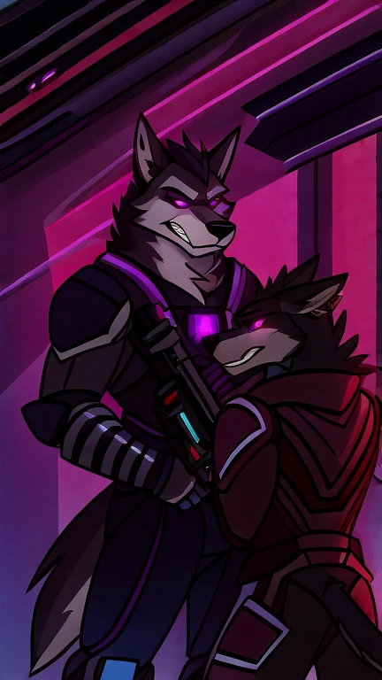 (masterpiece, best quality:1.2), Vortex two male hellhounds, a couple of two male bodyguards, wolves, furry, helluva boss, hypnotized with glowing purple eyes, angry serious face, wearing futuristic armor, using a Pulse Rifle, Energy Rifle, Futuristic assault rifle, futuristic laboratory building background