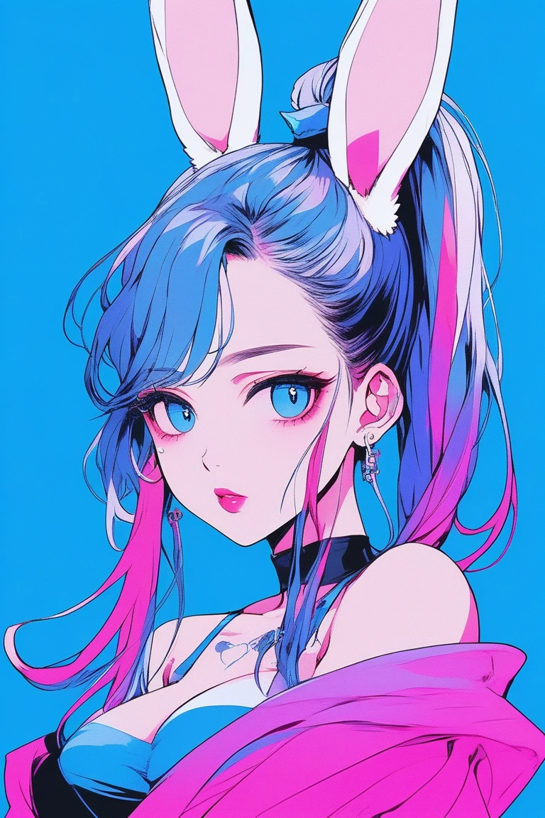 (masterpiece,Highest quality), Illustrator, anime , Realistic ,sketch , 1 person, model, lip, Exposed bunny girl, order, Blue and pink gradient background, Neon color long ponytail hair, Big Breasts, Big eyes, Upper Body, Sexy look, Sexy pose, Texture Trim, Russian, (masterpiece,Highest quality)