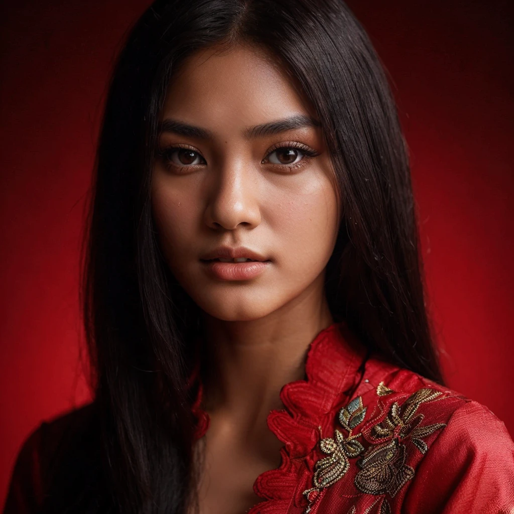 "masterpiece, ultra-realistic, 20 years old, 8k, hd, Sweet beautiful girl Indonesia, black hair, very long hair, straight hair, closed mouth, girl, detailed front face, Very beautiful woman's face, java traditional dress, black background, looking to viewer, 85mm lens, cinematic light"